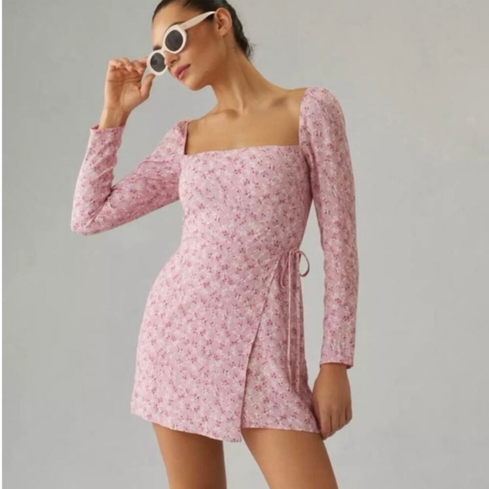 Reformation Pink Floral Square-Neck Mini Dress